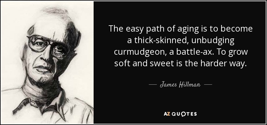 The easy path of aging is to become a thick-skinned, unbudging curmudgeon, a battle-ax. To grow soft and sweet is the harder way. - James Hillman