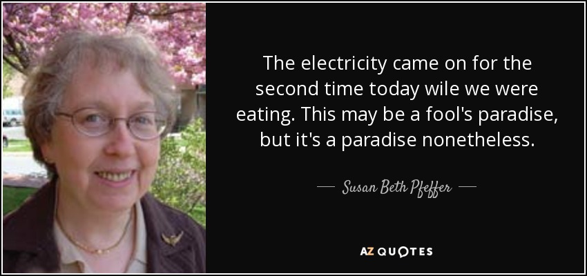 The electricity came on for the second time today wile we were eating. This may be a fool's paradise, but it's a paradise nonetheless. - Susan Beth Pfeffer