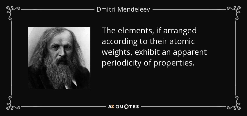 The elements, if arranged according to their atomic weights, exhibit an apparent periodicity of properties. - Dmitri Mendeleev
