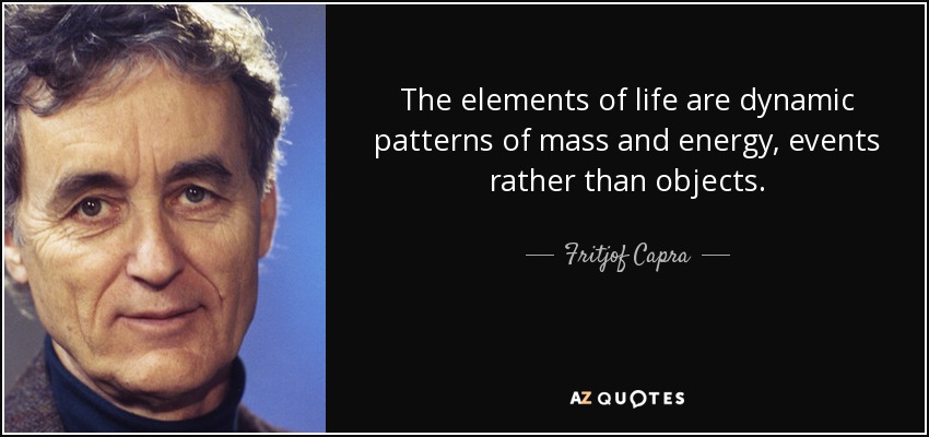 The elements of life are dynamic patterns of mass and energy, events rather than objects. - Fritjof Capra