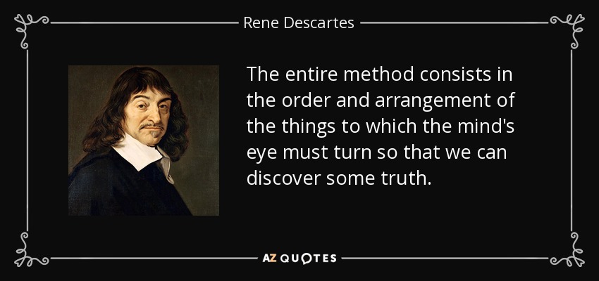 The entire method consists in the order and arrangement of the things to which the mind's eye must turn so that we can discover some truth. - Rene Descartes