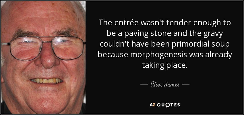 The entrée wasn't tender enough to be a paving stone and the gravy couldn't have been primordial soup because morphogenesis was already taking place. - Clive James
