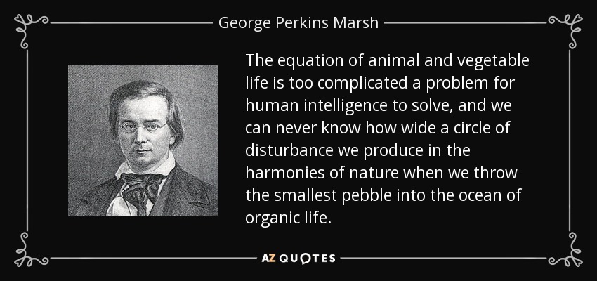The equation of animal and vegetable life is too complicated a problem for human intelligence to solve, and we can never know how wide a circle of disturbance we produce in the harmonies of nature when we throw the smallest pebble into the ocean of organic life. - George Perkins Marsh