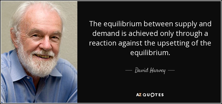 The equilibrium between supply and demand is achieved only through a reaction against the upsetting of the equilibrium. - David Harvey