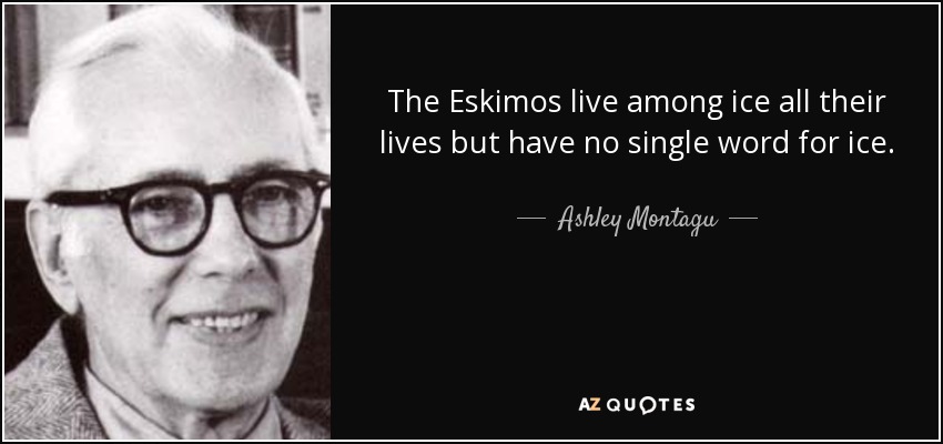 The Eskimos live among ice all their lives but have no single word for ice. - Ashley Montagu