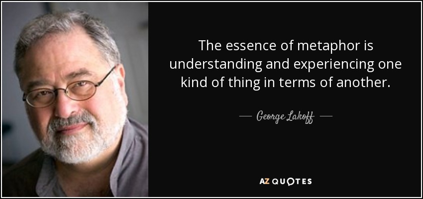 The essence of metaphor is understanding and experiencing one kind of thing in terms of another. - George Lakoff