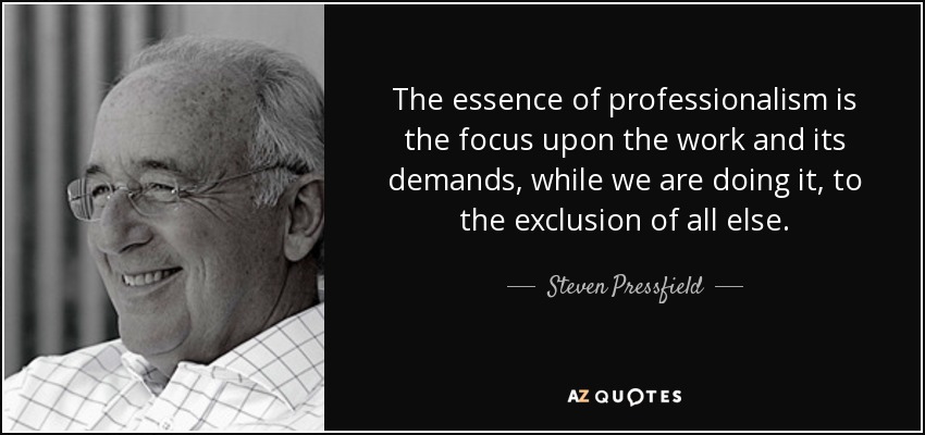 The essence of professionalism is the focus upon the work and its demands, while we are doing it, to the exclusion of all else. - Steven Pressfield