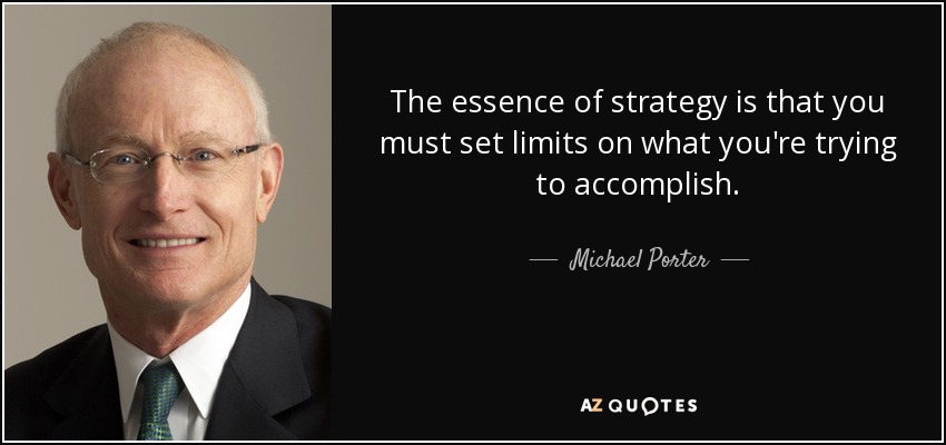 The essence of strategy is that you must set limits on what you're trying to accomplish. - Michael Porter