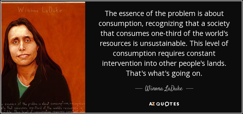The essence of the problem is about consumption, recognizing that a society that consumes one-third of the world's resources is unsustainable. This level of consumption requires constant intervention into other people's lands. That's what's going on. - Winona LaDuke