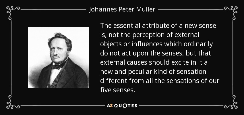 The essential attribute of a new sense is, not the perception of external objects or influences which ordinarily do not act upon the senses, but that external causes should excite in it a new and peculiar kind of sensation different from all the sensations of our five senses. - Johannes Peter Muller