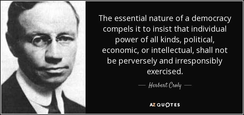 The essential nature of a democracy compels it to insist that individual power of all kinds, political, economic, or intellectual, shall not be perversely and irresponsibly exercised. - Herbert Croly