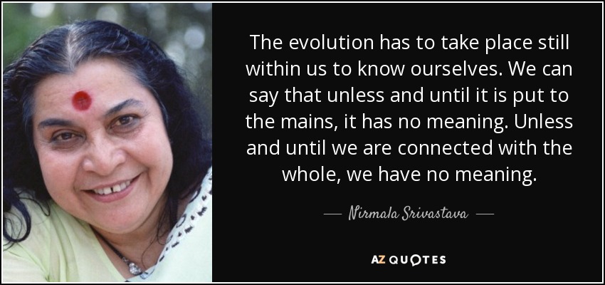 The evolution has to take place still within us to know ourselves. We can say that unless and until it is put to the mains, it has no meaning. Unless and until we are connected with the whole, we have no meaning. - Nirmala Srivastava