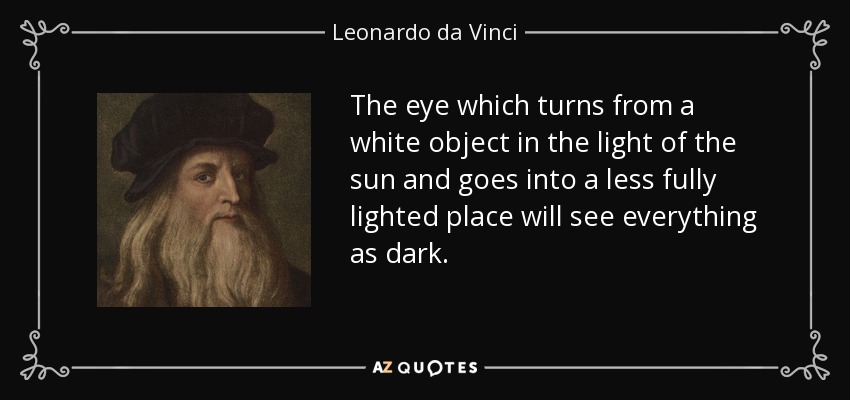 The eye which turns from a white object in the light of the sun and goes into a less fully lighted place will see everything as dark. - Leonardo da Vinci