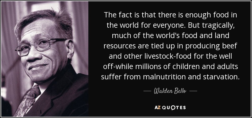 The fact is that there is enough food in the world for everyone. But tragically, much of the world's food and land resources are tied up in producing beef and other livestock-food for the well off-while millions of children and adults suffer from malnutrition and starvation. - Walden Bello