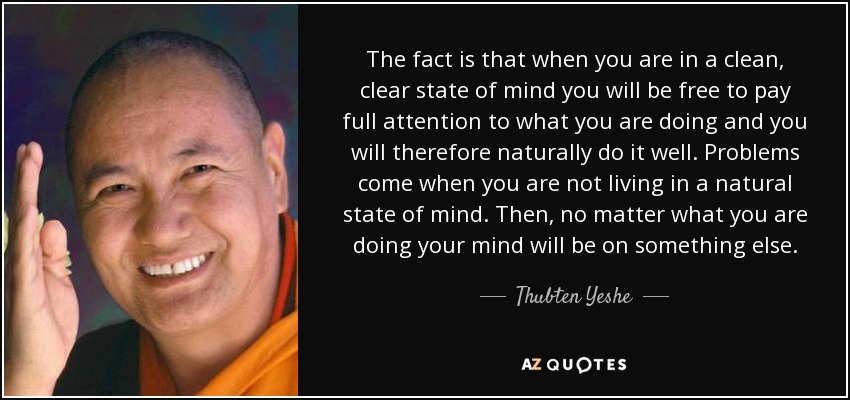 The fact is that when you are in a clean, clear state of mind you will be free to pay full attention to what you are doing and you will therefore naturally do it well. Problems come when you are not living in a natural state of mind. Then, no matter what you are doing your mind will be on something else. - Thubten Yeshe