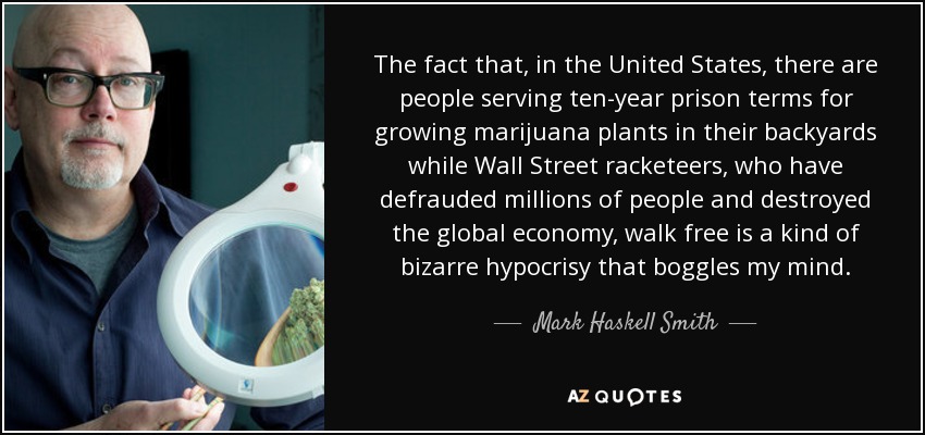 The fact that, in the United States, there are people serving ten-year prison terms for growing marijuana plants in their backyards while Wall Street racketeers, who have defrauded millions of people and destroyed the global economy, walk free is a kind of bizarre hypocrisy that boggles my mind. - Mark Haskell Smith
