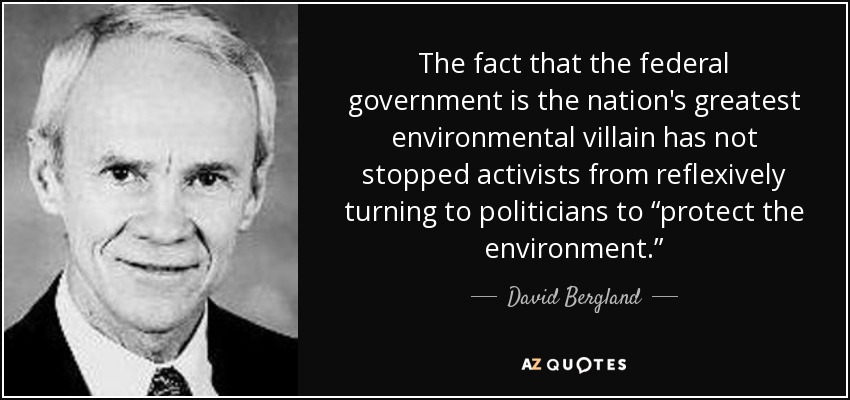 The fact that the federal government is the nation's greatest environmental villain has not stopped activists from reflexively turning to politicians to “protect the environment.” - David Bergland