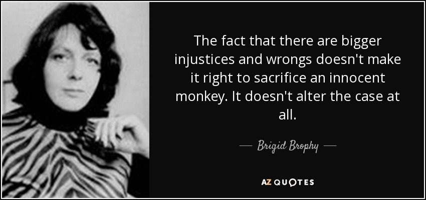 The fact that there are bigger injustices and wrongs doesn't make it right to sacrifice an innocent monkey. It doesn't alter the case at all. - Brigid Brophy