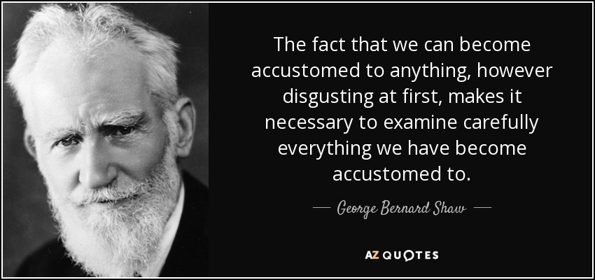 The fact that we can become accustomed to anything, however disgusting at first, makes it necessary to examine carefully everything we have become accustomed to. - George Bernard Shaw