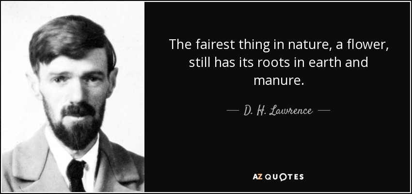 The fairest thing in nature, a flower, still has its roots in earth and manure. - D. H. Lawrence