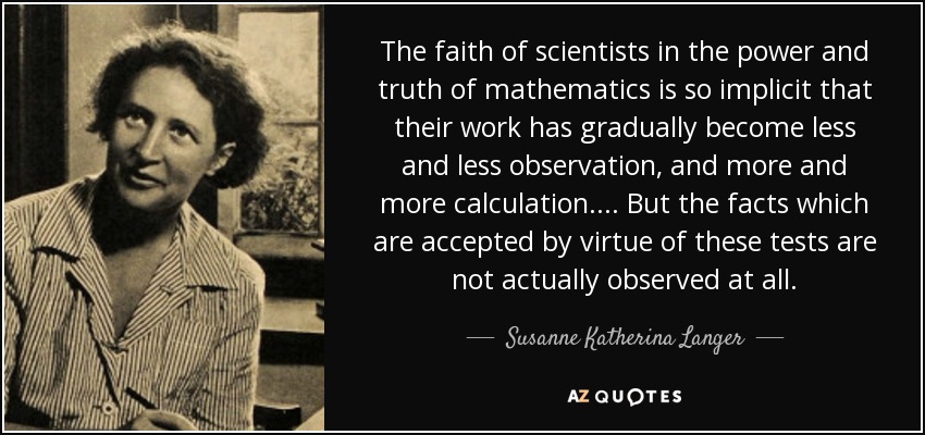 The faith of scientists in the power and truth of mathematics is so implicit that their work has gradually become less and less observation, and more and more calculation.... But the facts which are accepted by virtue of these tests are not actually observed at all. - Susanne Katherina Langer