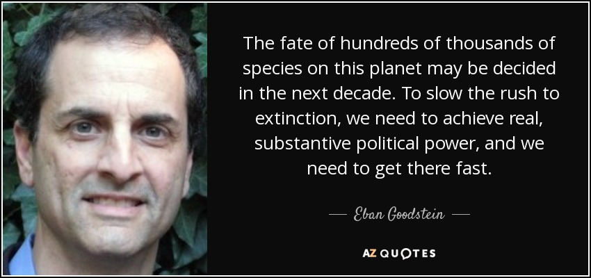 The fate of hundreds of thousands of species on this planet may be decided in the next decade. To slow the rush to extinction, we need to achieve real, substantive political power, and we need to get there fast. - Eban Goodstein
