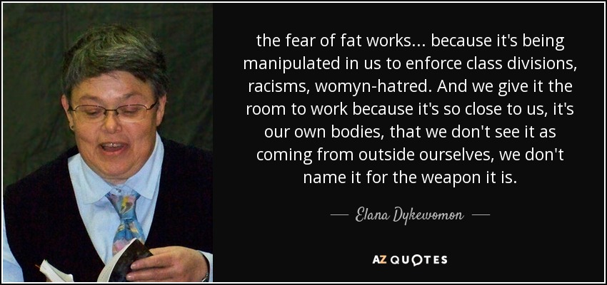 the fear of fat works ... because it's being manipulated in us to enforce class divisions, racisms, womyn-hatred. And we give it the room to work because it's so close to us, it's our own bodies, that we don't see it as coming from outside ourselves, we don't name it for the weapon it is. - Elana Dykewomon
