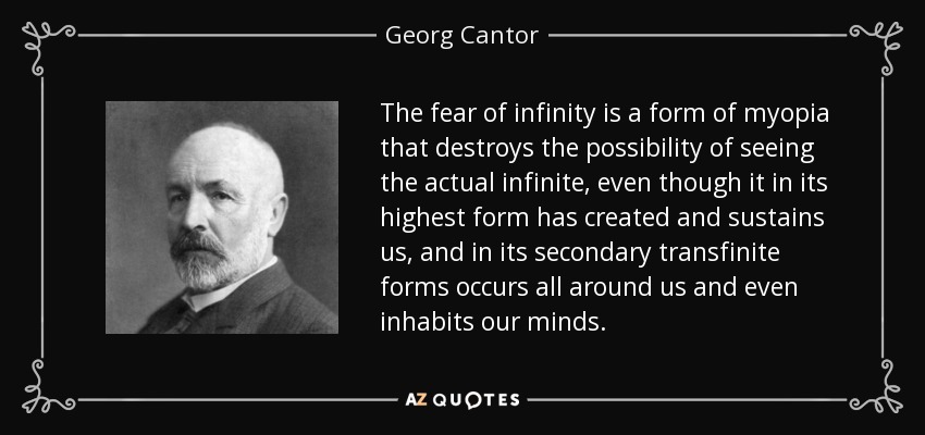 The fear of infinity is a form of myopia that destroys the possibility of seeing the actual infinite, even though it in its highest form has created and sustains us, and in its secondary transfinite forms occurs all around us and even inhabits our minds. - Georg Cantor