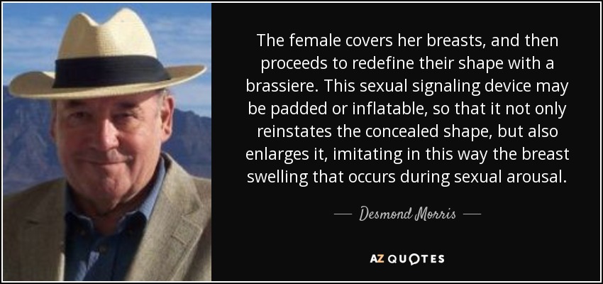 The female covers her breasts, and then proceeds to redefine their shape with a brassiere. This sexual signaling device may be padded or inflatable, so that it not only reinstates the concealed shape, but also enlarges it, imitating in this way the breast swelling that occurs during sexual arousal. - Desmond Morris