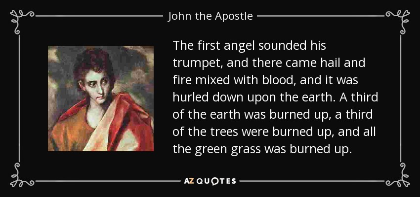 The first angel sounded his trumpet, and there came hail and fire mixed with blood, and it was hurled down upon the earth. A third of the earth was burned up, a third of the trees were burned up, and all the green grass was burned up. - John the Apostle