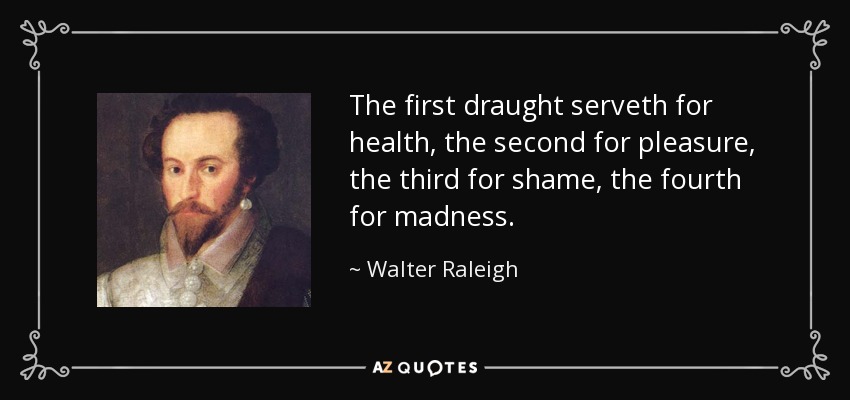 The first draught serveth for health, the second for pleasure, the third for shame, the fourth for madness. - Walter Raleigh