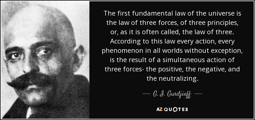 The first fundamental law of the universe is the law of three forces, of three principles, or , as it is often called, the law of three. According to this law every action, every phenomenon in all worlds without exception, is the result of a simultaneous action of three forces- the positive, the negative, and the neutralizing. - G. I. Gurdjieff