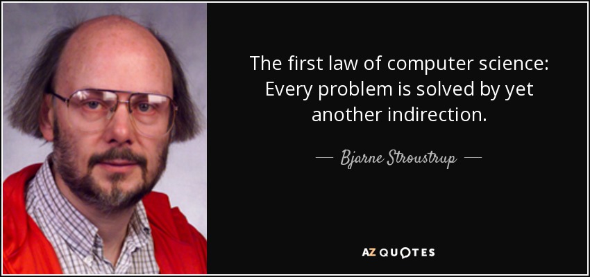 The first law of computer science: Every problem is solved by yet another indirection. - Bjarne Stroustrup