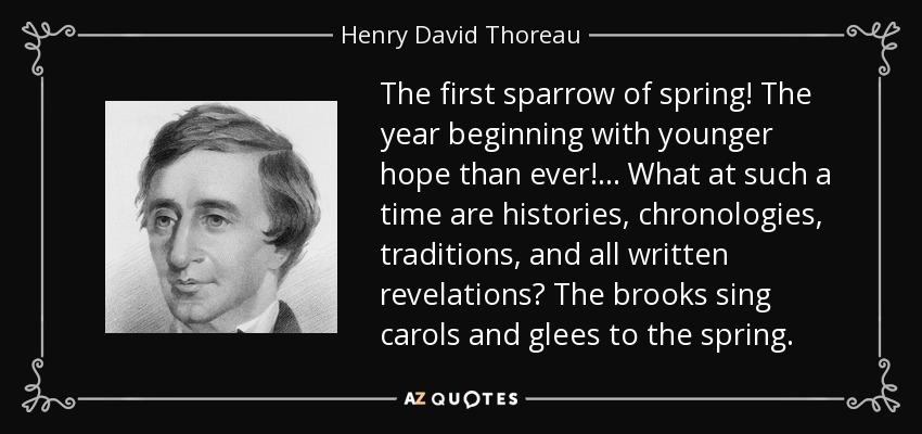 The first sparrow of spring! The year beginning with younger hope than ever!... What at such a time are histories, chronologies, traditions, and all written revelations? The brooks sing carols and glees to the spring. - Henry David Thoreau