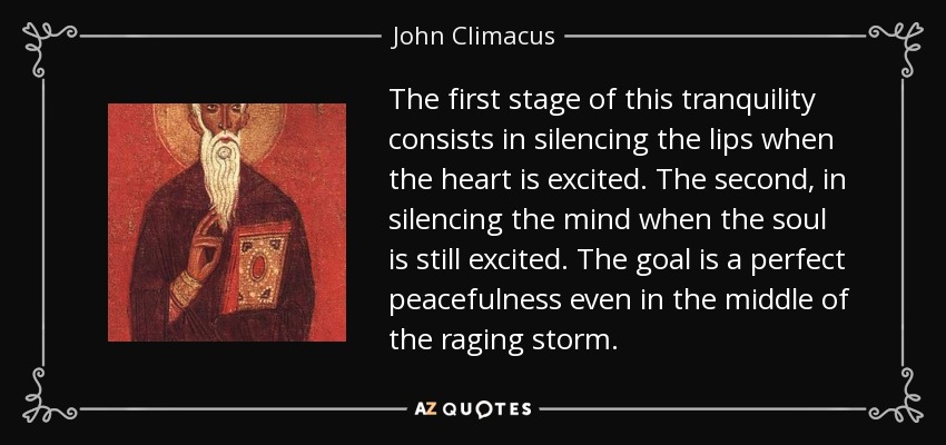 The first stage of this tranquility consists in silencing the lips when the heart is excited. The second, in silencing the mind when the soul is still excited. The goal is a perfect peacefulness even in the middle of the raging storm. - John Climacus