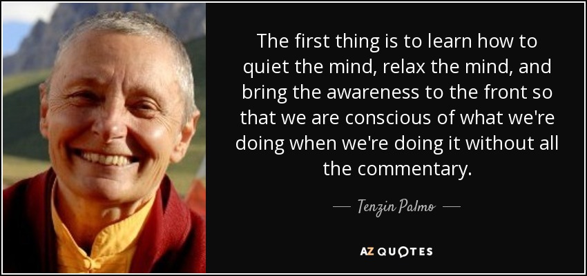 The first thing is to learn how to quiet the mind, relax the mind, and bring the awareness to the front so that we are conscious of what we're doing when we're doing it without all the commentary. - Tenzin Palmo