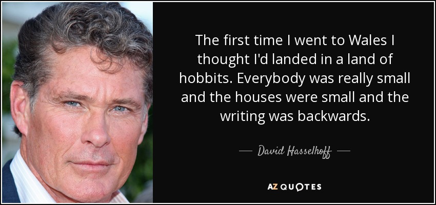 The first time I went to Wales I thought I'd landed in a land of hobbits. Everybody was really small and the houses were small and the writing was backwards. - David Hasselhoff