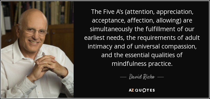 The Five A’s (attention, appreciation, acceptance, affection, allowing) are simultaneously the fulfillment of our earliest needs, the requirements of adult intimacy and of universal compassion, and the essential qualities of mindfulness practice. - David Richo