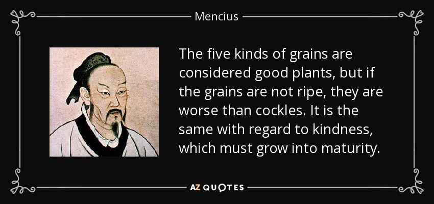 The five kinds of grains are considered good plants, but if the grains are not ripe, they are worse than cockles. It is the same with regard to kindness, which must grow into maturity. - Mencius