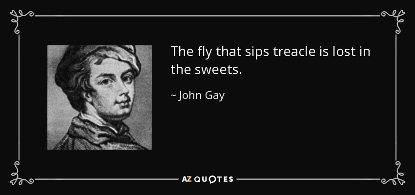 The fly that sips treacle is lost in the sweets. - John Gay