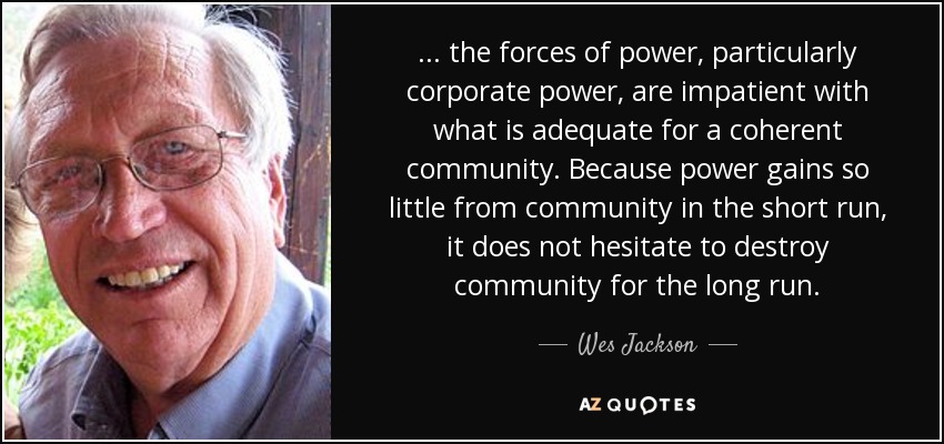 ... the forces of power, particularly corporate power, are impatient with what is adequate for a coherent community. Because power gains so little from community in the short run, it does not hesitate to destroy community for the long run. - Wes Jackson