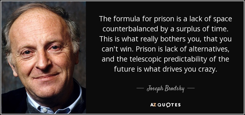 The formula for prison is a lack of space counterbalanced by a surplus of time. This is what really bothers you, that you can't win. Prison is lack of alternatives, and the telescopic predictability of the future is what drives you crazy. - Joseph Brodsky
