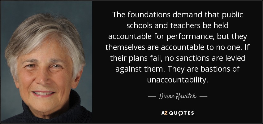 The foundations demand that public schools and teachers be held accountable for performance, but they themselves are accountable to no one. If their plans fail, no sanctions are levied against them. They are bastions of unaccountability. - Diane Ravitch