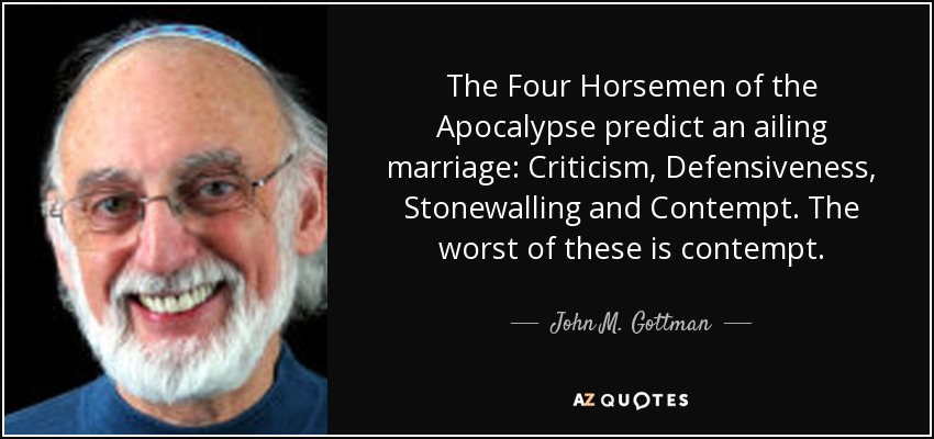 The Four Horsemen of the Apocalypse predict an ailing marriage: Criticism, Defensiveness, Stonewalling and Contempt. The worst of these is contempt. - John M. Gottman