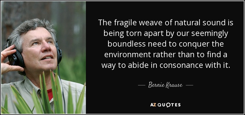 The fragile weave of natural sound is being torn apart by our seemingly boundless need to conquer the environment rather than to find a way to abide in consonance with it. - Bernie Krause