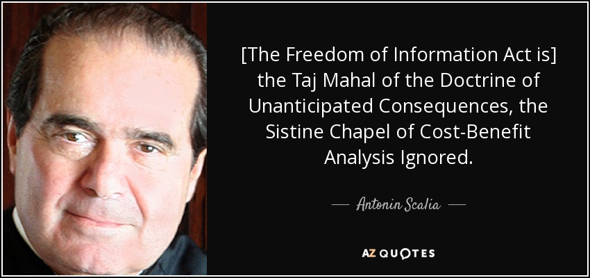 [The Freedom of Information Act is] the Taj Mahal of the Doctrine of Unanticipated Consequences, the Sistine Chapel of Cost-Benefit Analysis Ignored. - Antonin Scalia