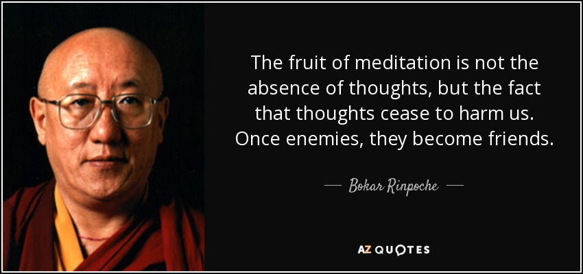 The fruit of meditation is not the absence of thoughts, but the fact that thoughts cease to harm us. Once enemies, they become friends. - Bokar Rinpoche