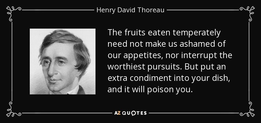 The fruits eaten temperately need not make us ashamed of our appetites, nor interrupt the worthiest pursuits. But put an extra condiment into your dish, and it will poison you. - Henry David Thoreau
