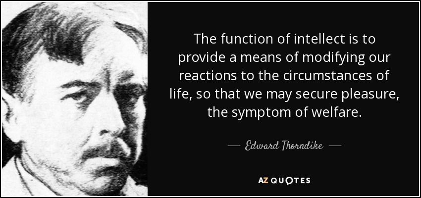 The function of intellect is to provide a means of modifying our reactions to the circumstances of life, so that we may secure pleasure, the symptom of welfare. - Edward Thorndike