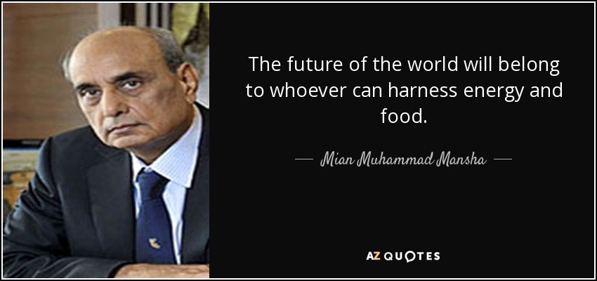 The future of the world will belong to whoever can harness energy and food. - Mian Muhammad Mansha
